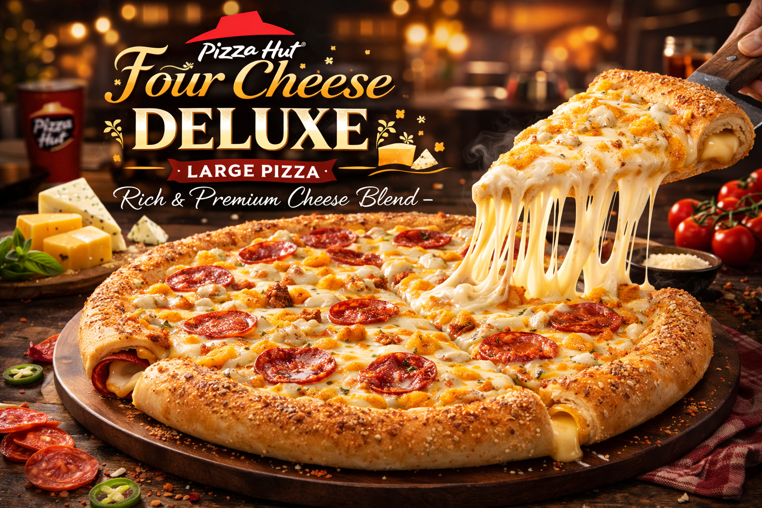 Four Cheese Deluxe Large Pizza at Pizza Hut – Rich & Premium Cheese Blend