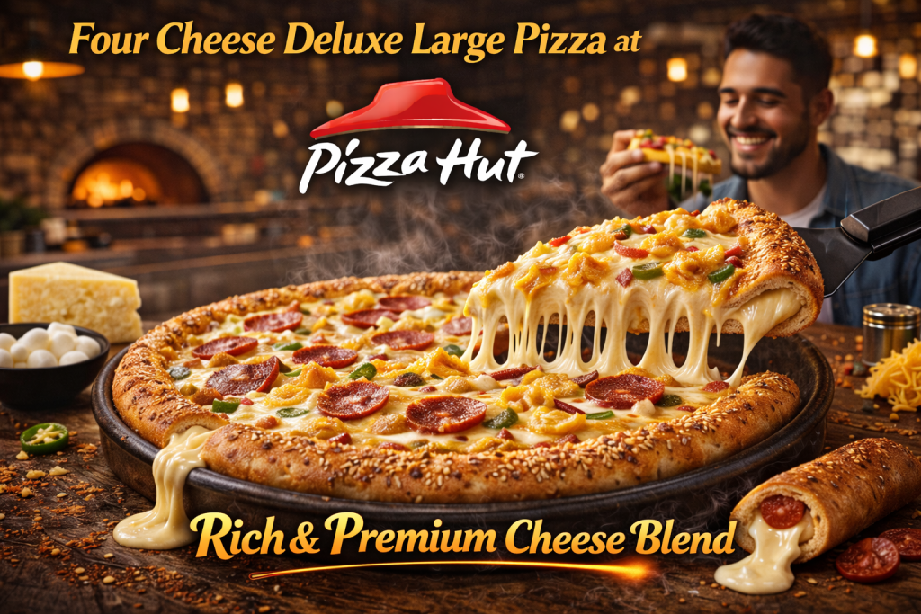 Four Cheese Deluxe Large Pizza at Pizza Hut – Rich & Premium Cheese Blend