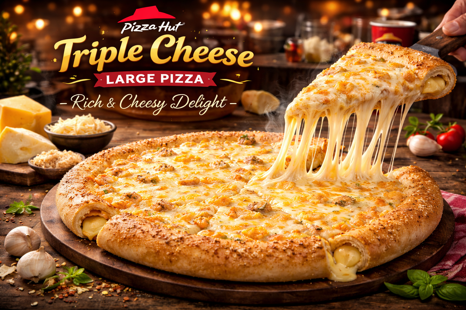 Triple Cheese Large Pizza at Pizza Hut – Rich & Cheesy Delight